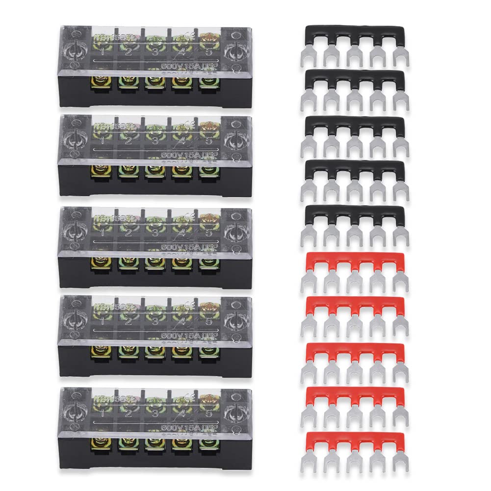 KIMISS 5pcs Dual Row 5 Positions 600V 15A Screw Terminal Block+400V 15A 5 Postions Pre Insulated Terminal Barrier Strip Red/Black 10 Pcs