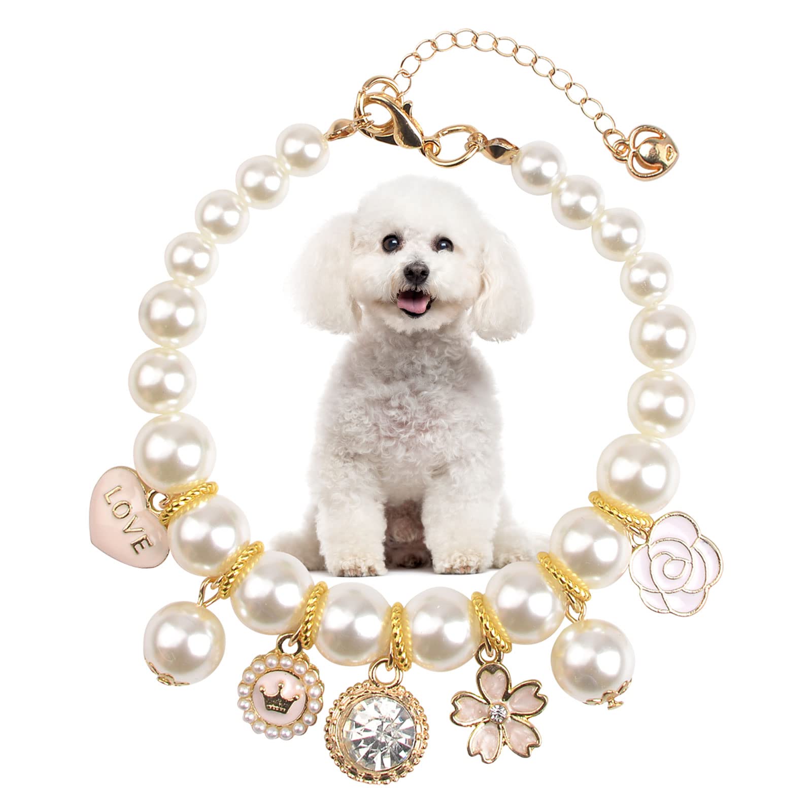 HACRAHO Pet Pearl Collar, 1 Pack Pearl Crystal Dog Necklace Adjustable Cat Necklace Collar with Bling Rhinestone Decor for Small Dogs Cats, M