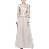 Alex Evenings Womens Long V-Neck Embroidered Mother of The Bride Dress W/Cap Sleeves, Full Skirt (Petite and Regular Sizes)