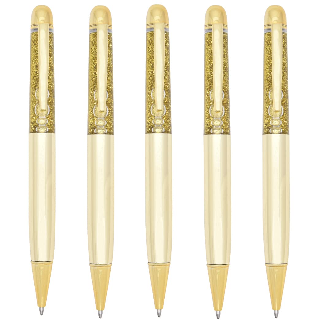 Gullor Colorful Gold Powder Quicksand Retractable Ballpoint Pen, Bling Dynamic Floating Liquid Sand Glitter Pen, 5 Pieces, Gold