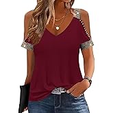 kipfall Womens Cold Shoulder Tops with Sequins V Neck Short Sleeve T Shirts Casual Loose Fit Basic Tee