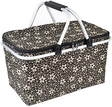 32L Cooler Bag Picnic Basket Collapsible Insulated Picnic Basket Tote Bag Portable Reusable Lunch Box with Sewn in Frame for Camping Hiking BBQ's Beach Holiday Grocery Shopping , Coffee Flower Pattern