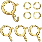 14K Gold Plated Necklace Clasps 5mm S925 Sterling Silver Spring Ring Clasp with 4mm Round Jump Rings Jewelry Clasps Connectors for Necklace and Bracelets Replacement Clasp DIY Jewelry Making