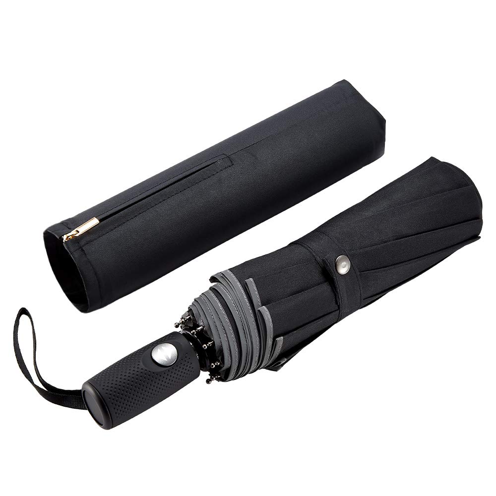 FDJASGY Windproof Travel Umbrella with Teflon Coating Auto Open Close Lightweight Sun&Rain Umbrella with 10 Rib Construction and Reflective Stripe Zipper Pouch