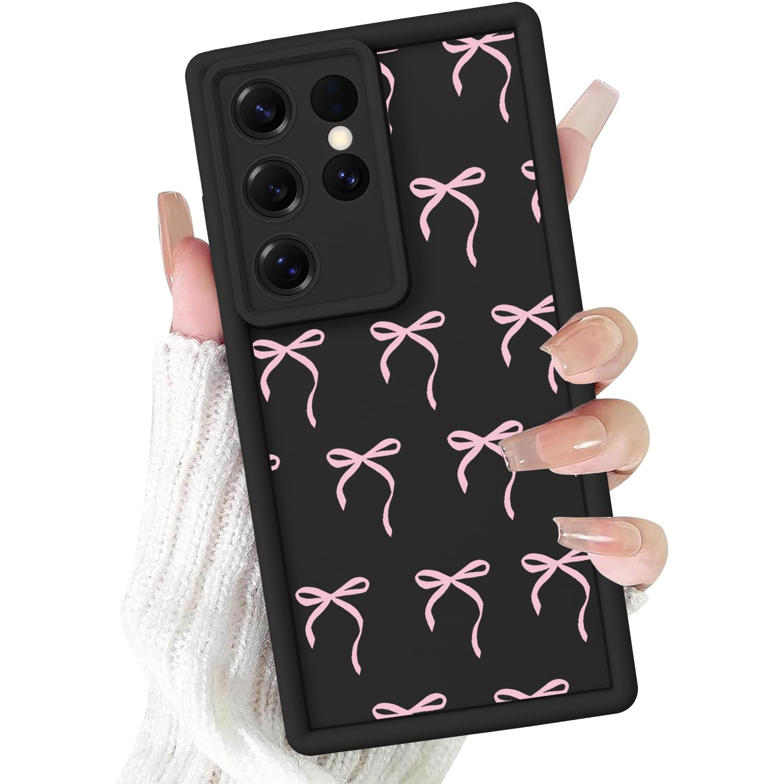 lioscre Cute Bow Case for Samsung Galaxy S25 Ultra 5G 6.8'', Pink Bow Ribbon Pattern Print Design Funda Aesthetic Coquette Soft Silicone Shockproof Full Camera Protective Cover for Women Girl - Black
