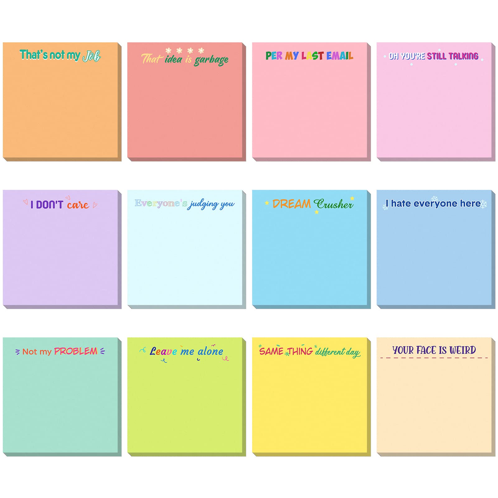 Photo 1 of 12 Pieces 3 x 3 Inch Snarky Office Sticky Notes Funny Note Pads Work Sucks Complaining Quotes Vibrant Negative Passive Office Notepads Adhesive Memo Pad for Colleague Supplies (Cute Style)