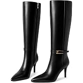COMJUY Knee High Boots For Women High Heel Tall Boots | Fashionable Faux Leather Comfortable Croc Smooth Embossed Stiletto Heel Pointed Toe Side Zipper Buckle