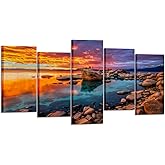 KREATIVE ARTS Large 5 Piece Canvas Prints Candy Skies Lake Tahoe Wall Art Rocky Shore In Nevada California Giclee Stretched And Framed Landscape Picture For House Decorations