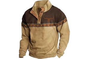 ZOCAVIA Western Aztec Sweatshirts for Men Fall Ethnic Graphic Country Vintage Cowboy Pullover Tops Button Up Collar Hoodies