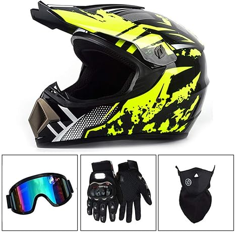 Amazon Co Jp ティーン大人のモトクロスヘルメットハンサムatvオートバイのヘルメットsuvゴーグル手袋マスク ファッションダート バイクオフロードマウンテンバイクヘルメット4点セット イエロー Xl ホーム キッチン