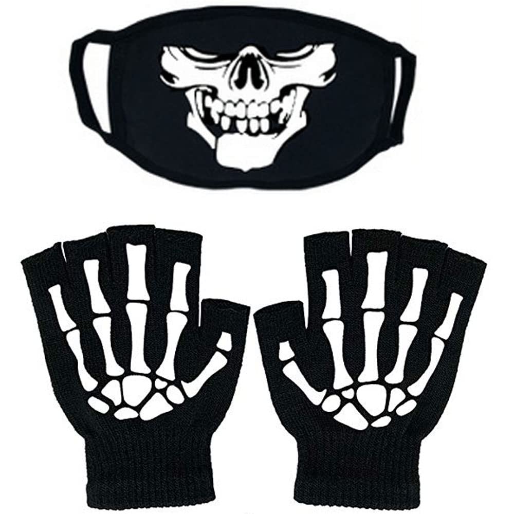 BOMJJOR Fingerless Skeleton Gloves and Skull Mask for Men Women Glow in Dark Knit GlovesFace Mask Halloween Black (Mask and Gloves)