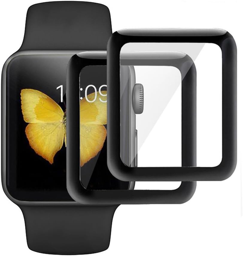 KINPEI for Apple Watch Series 3/2/1 Screen Protector 38mm [2Pack][3D Tempered Glass Full Coverage][Scratch Resistant][Waterproof] Tempered Glass Film for Apple iWatch (Black, 38mm)