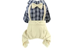 TEALOTS Pet Clothes Dog Shirts Classic Plaid Striped Overall Jumpsuit, Gentle Puppy Wedding Birthday Western Onesies Apparel, Fashion Daily Outfit with Bowtie for Dogs and Cats (Medium, Khaki)