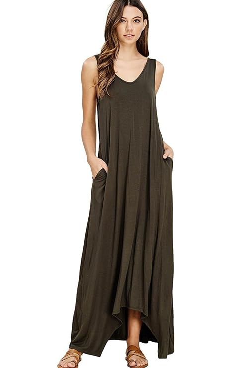 NASKY Damen Sommerkleid Lange Kleider Ärmellos Maxikleider Mit Taschen Casual