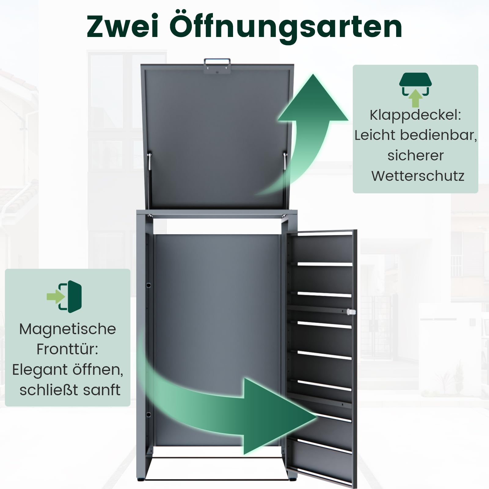CHOSHOME Mülltonnenbox 2er 240L - Anthrazitgrau Verzinkter Stahl & Holzoptik - 2 Tonnen mit Abschließbar - inkl. Erweiterungsmöglichkeit - Mülltonnenverkleidung, Aufbewahrungsbox für Mülltonnen 6
