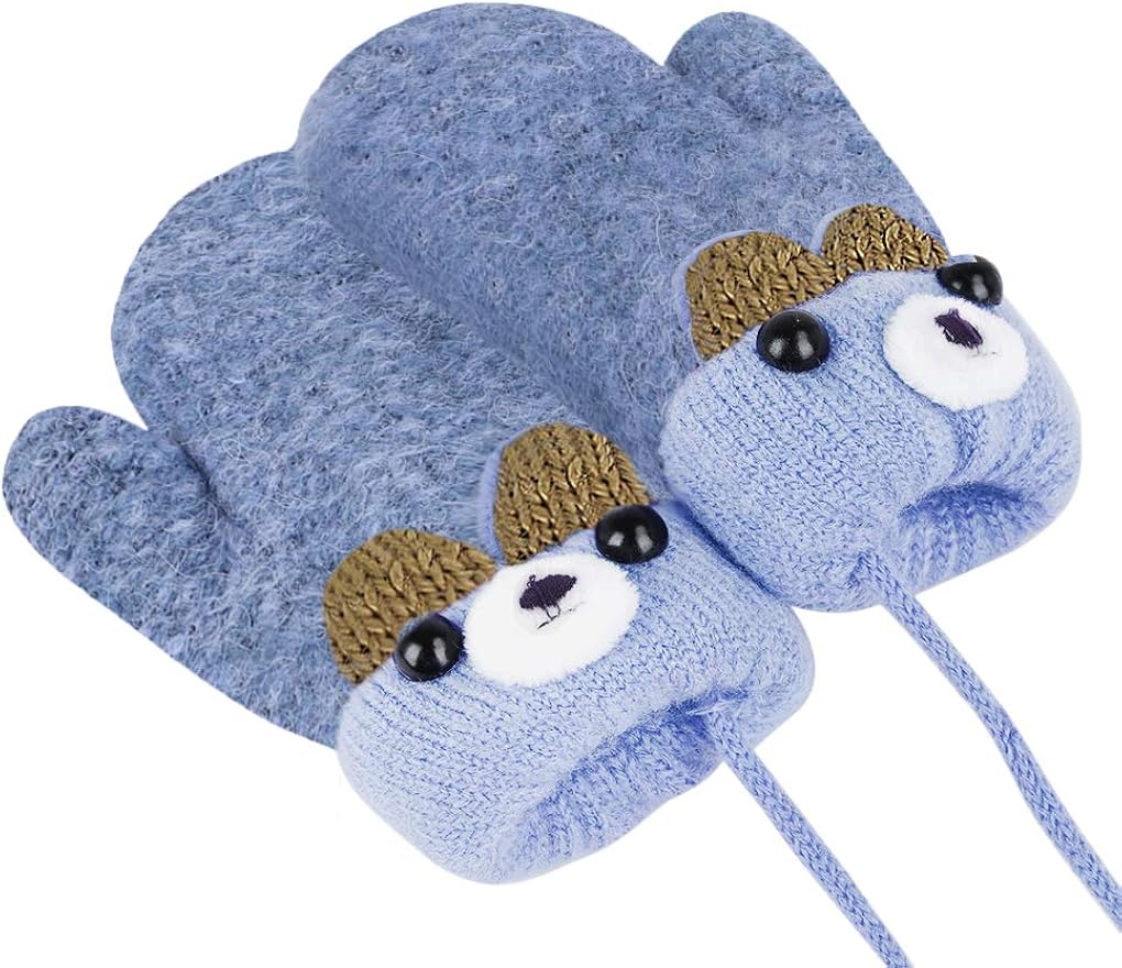 Kids Winter Knitted Gloves Cute Cartoon Bear Hang Neck Mittens Newborn Unisex Baby Warm Mittens Thicken Cashmere with Rope Mitten Thermal Full Finger Wrist Glove Boy Girls 0-3 Years Gift (Blue) - Image 4