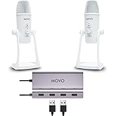 Movo USB Podcast Equipment Bundle for 2 – USB Interface with 2 UM700 Condenser Microphones – 4-Port Powered Hub for Streaming, Podcasting, Interviews (White)