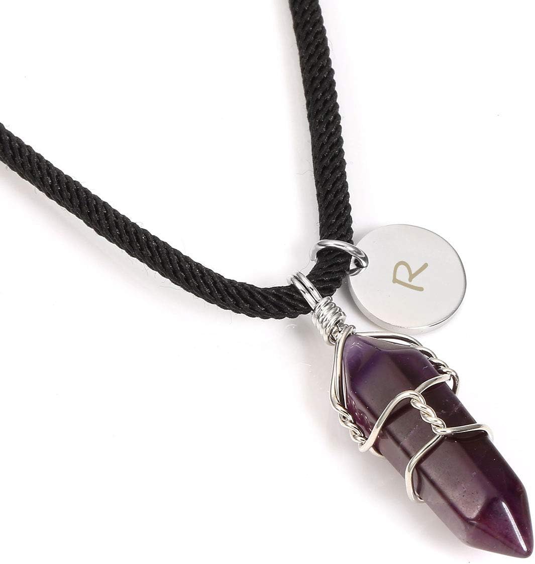 PESOENTH Personalized Custom Engraved Amethyst Hexagonal Pointed Gemstone Necklace Healing Crystal Quartz Stone Point Chakra Choker Necklace