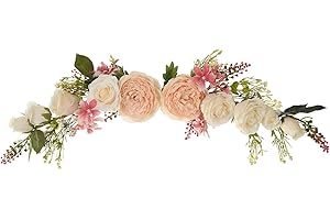 Lvydec Artificial Peony Flower Swag, 25 Inch Decorative Swag with Champagne Peony White Rose and Green Leaves for Wedding Arch Front Door Wall Decor