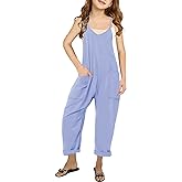 Cnkwei Girls' Casual Sleeveless Jumpsuits Spaghetti Strap Loose Romper Long Pants with Pockets