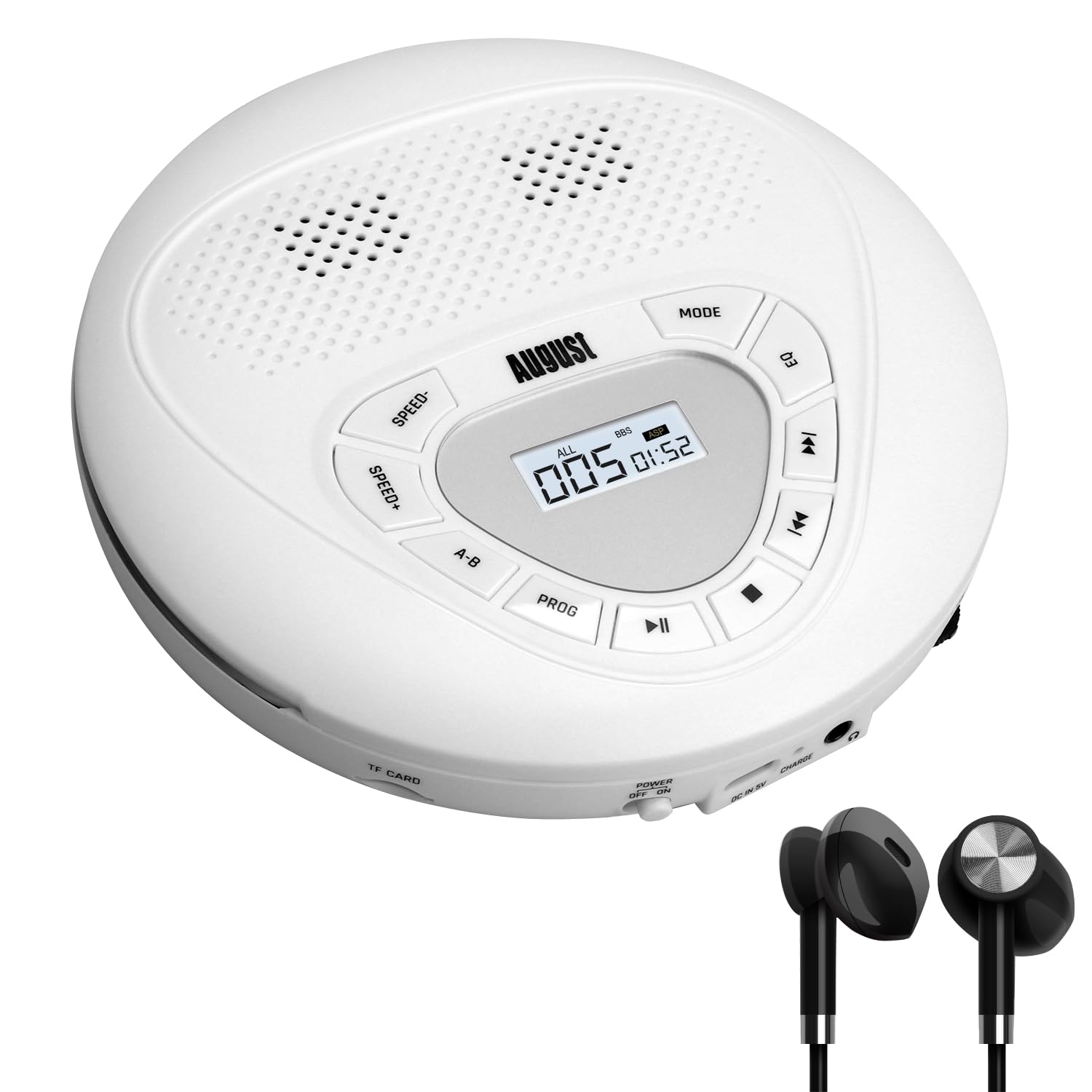 August SE10W Portable Rechargeable CD Player for Home, Car & Travel – Personal Discman MP3 Music Player with Earphones, LCD Display, EQ & Anti-Shock, Disc/Micro SD Support, 15H Playback – White