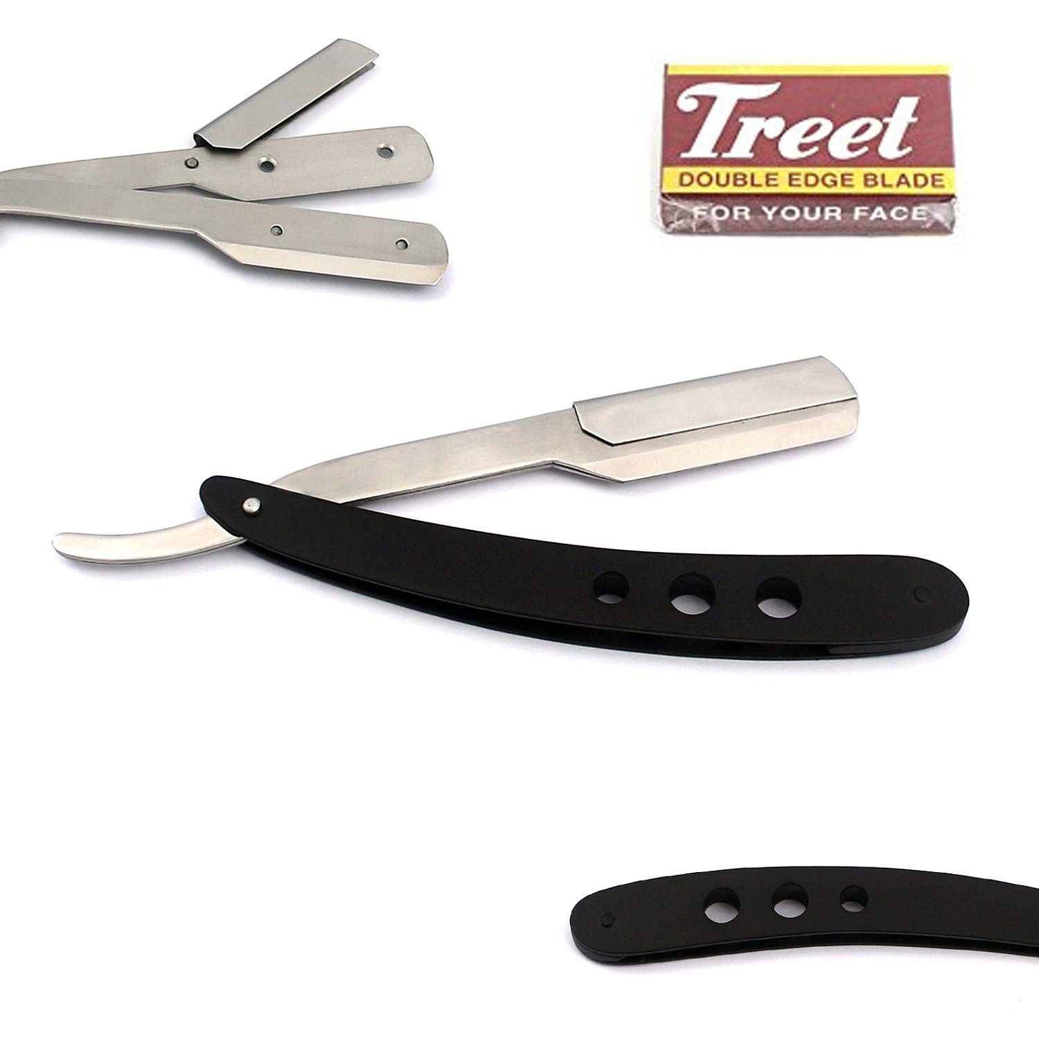 OdontoMed2011 PROFESSIONAL STRAIGHT EDGE RAZOR WITH 100 SINGLE EDGE BLADES - CLOSE SHAVING MEN'S MANUAL SHAVER SAFETY 3 HOLE DESIGN (Silver & Black 100 Single Edge Blades)