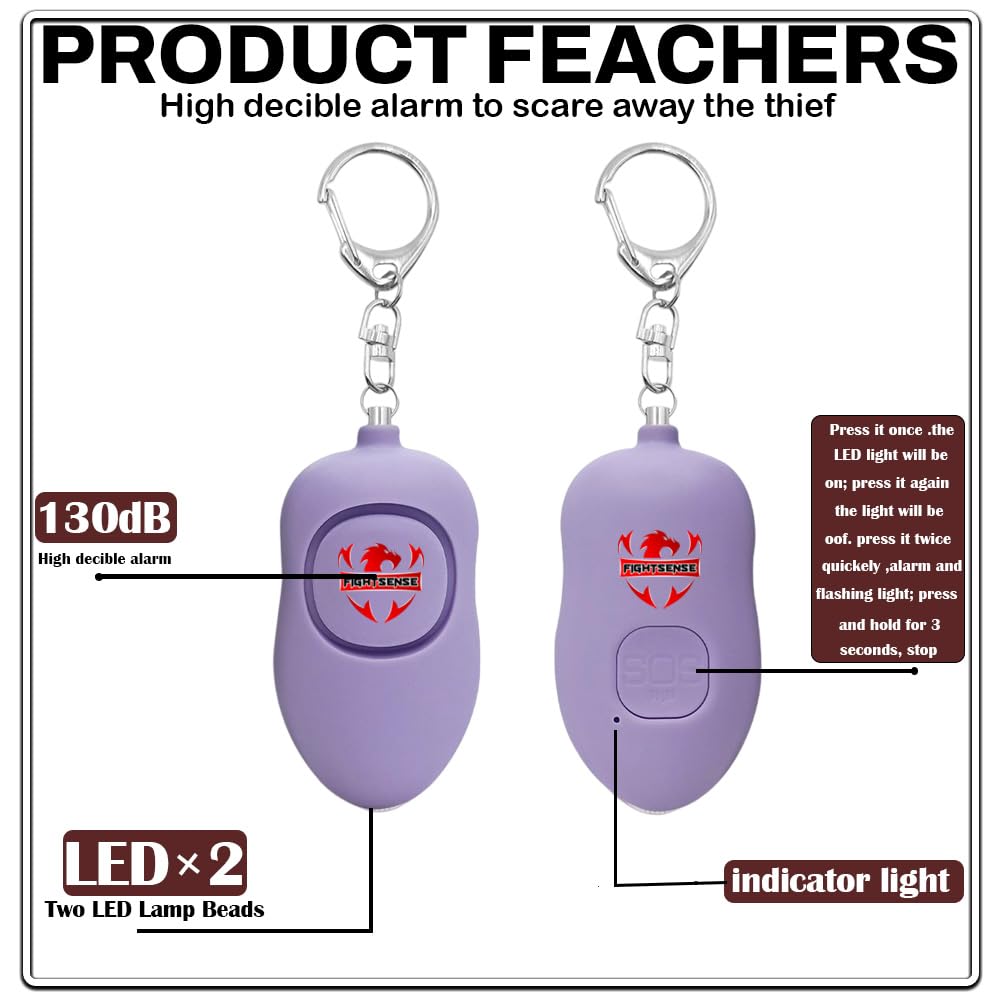 Fightsense Personal Alarm Keychain with Snap Hook, 130dB Siren Safety Alarm for Women LED Light (300m Audible) (Purple)