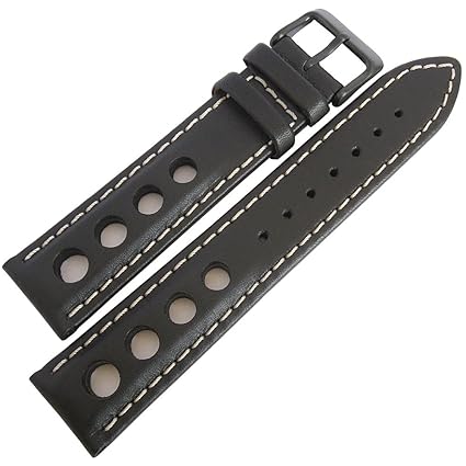 EULIT 20mm German Black GT Racing Rally PVD Buckle Leather Watch Strap
