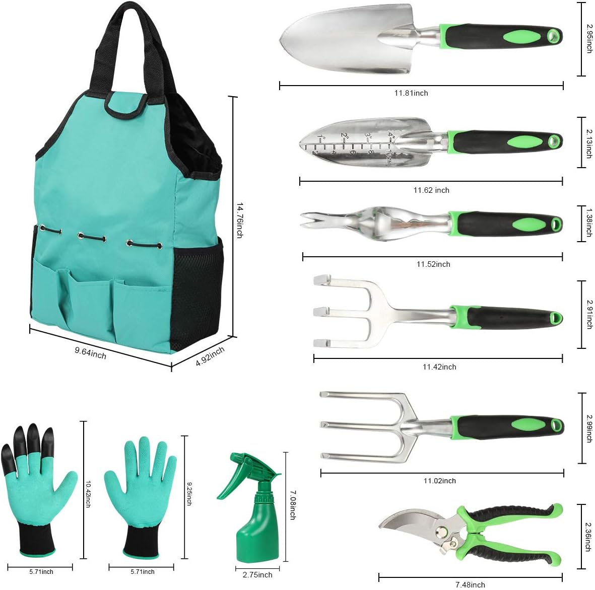 Aladom Garden Tools Set 10 Pieces, Gardening Kit with Heavy Duty Aluminum Hand Tool and Digging Claw Gardening Gloves for Men Women, Green : Garden & Outdoor