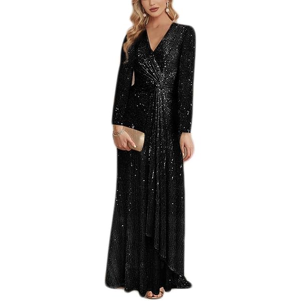 Amazon.com: meilun Plus Size Women Long Sleeve Formal Dress V Neck Slit Sequin  Long Dress Cocktail Party Dress(A-Black,XL): Clothing, Shoes & Jewelry