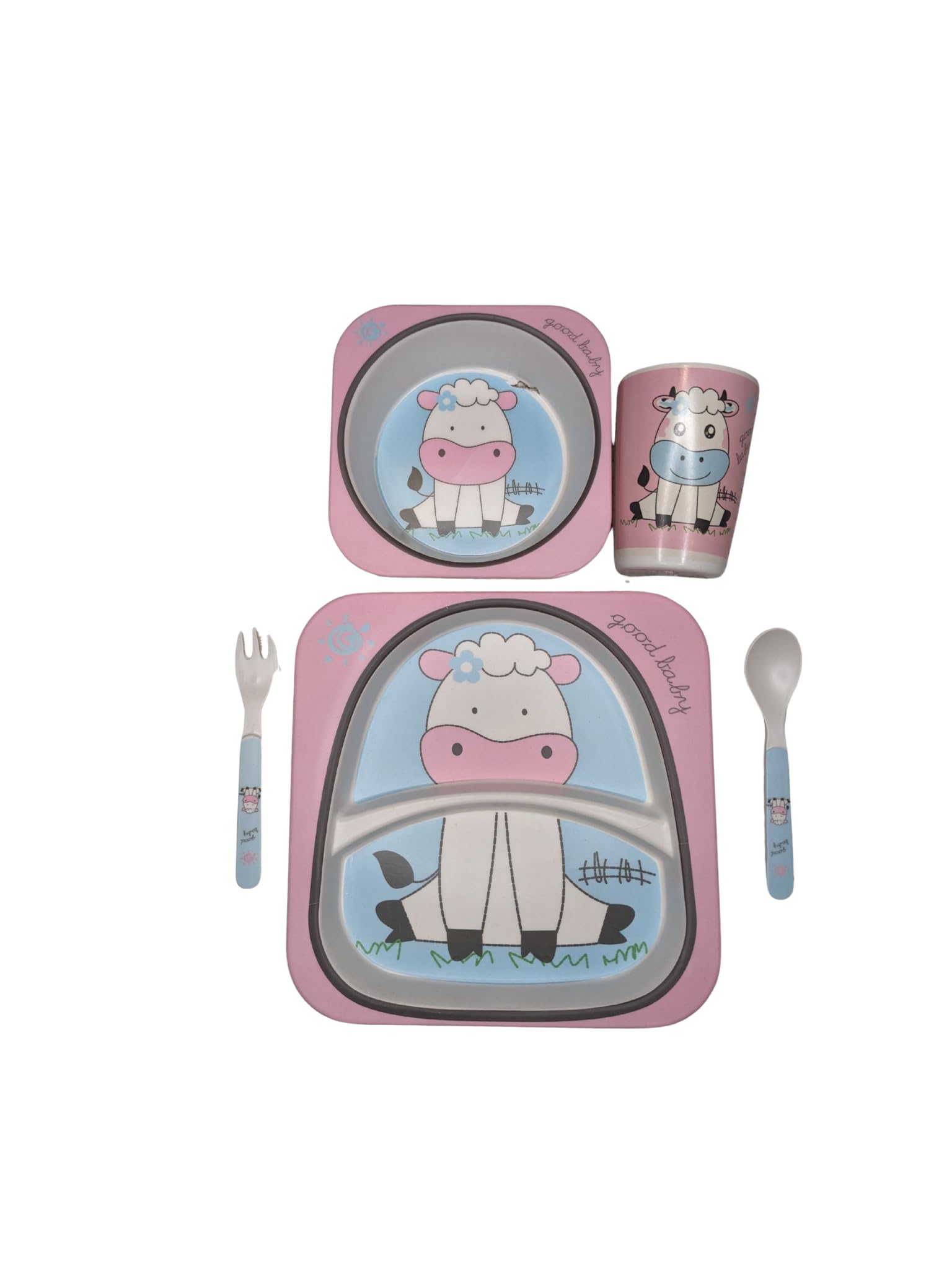 Bamboo Children's 5pc Pink Cow Meal Set: Perfect for Children/Infants - Lightweight and Durable, Easy to Clean and Made from Sustainable Material