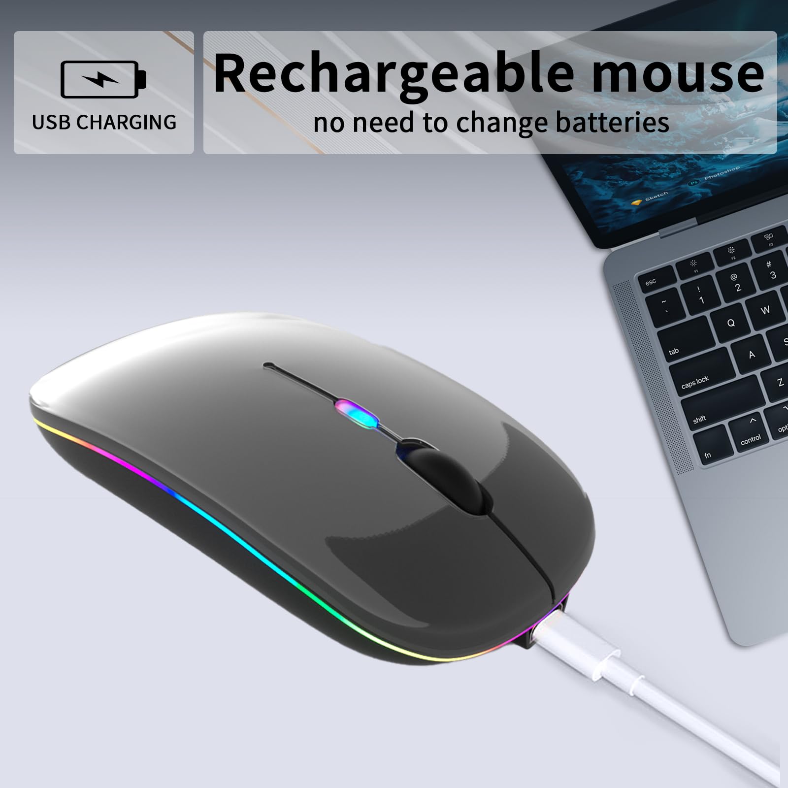 KANMABPC Wireless Bluetooth Mouse – Rechargeable, Silent, Dual Mode (Bluetooth 5.2 & USB) with LED Lights – Portable for Laptop, Desktop, & Tablet(Grey)