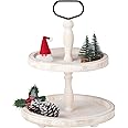 Mustry Rustic Wooden 2 Tiered Tray, Round Farmhouse Kitchen Table Decor Serving Tier Tray, Food Fruits Cupcake Display Coffee Bar Home Party Seasonal Decorations (White)