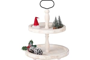 Mustry Rustic Wooden 2 Tiered Tray, Round Farmhouse Kitchen Table Decor Serving Tier Tray, Food Fruits Cupcake Display Coffee Bar Home Party Seasonal Decorations (White)