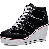 ALLINNINE Women's Sneaker Shoes High Heel Fashionable Canvas Shoes High Tube Lace Up Wedge Edge Zipper Slope Angle Shoes Size 4-11