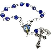 Westmon Works Our Lady of Grace Rearview Mirror Rosary Set Glass Bead May Crowning Chaplet with Holy Card Prayer