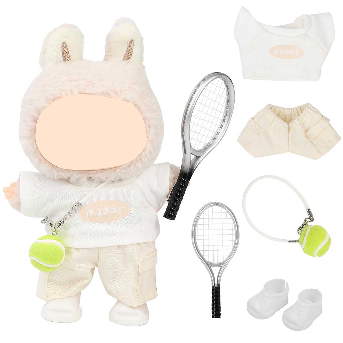 LEWOTE Clothes Set Compatible for Labubu Doll, Hat Suit Ornaments Accessories Set for 17cm/6.7inch Doll (Tennis Pack Beige)