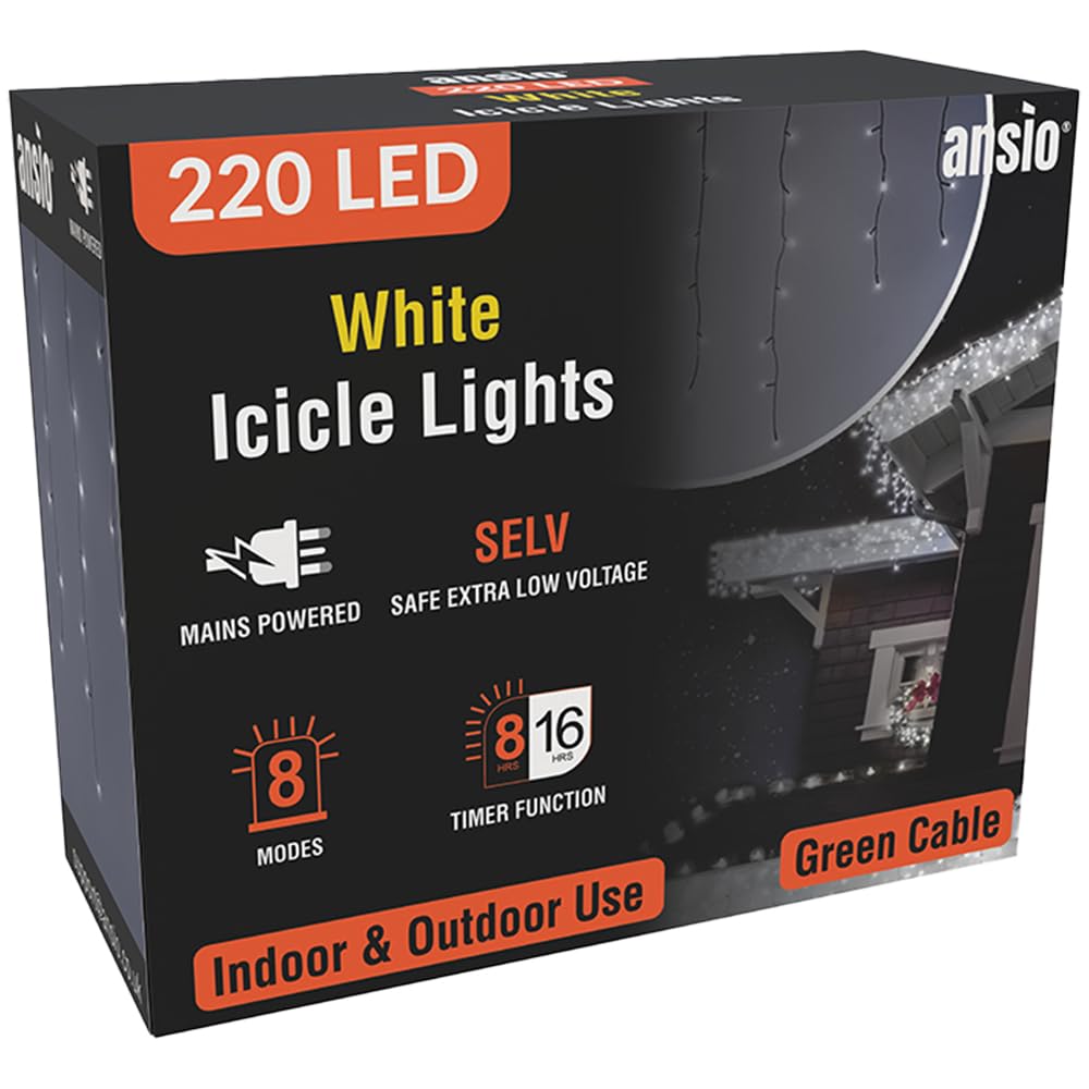 ANSIO® Christmas Lights 220 LED 7.5m/24ft Icicle Lights Outdoor & Indoor Cool White Decorations String Fairy Outside Lights with Timer for Xmas Garden Bedroom & Party|Mains Powered Green Cable — image 1