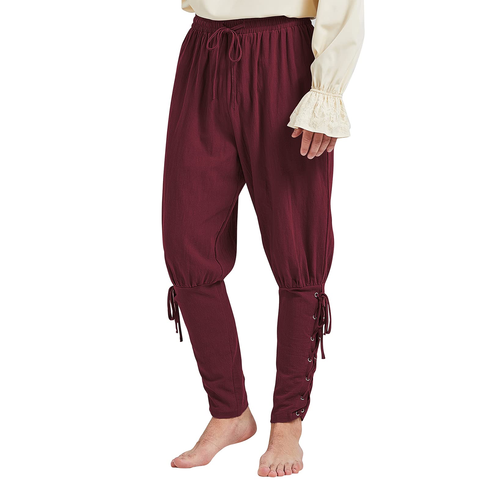 Photo 1 of Men's Pirate Costume Pirate Pants Renaissance Medieval Viking Halloween Costume Pants Wine Red S