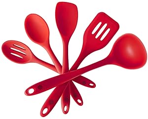StarPack Basics Range Silicone Kitchen Utensil Set (5 Piece Set, 10.5") in FDA Grade + Bonus 101 Cooking Tips - Cherry Red