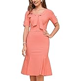 MUXXN Women's Vintage 1950s Midi Crew Neck Short Sleeve Party Cocktail Work Casual Bodycon Dress
