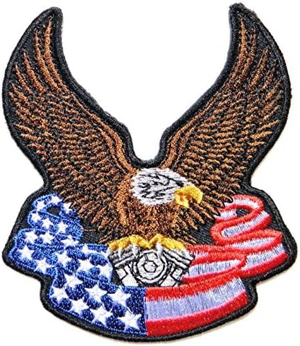 3.75" x 4.5" Eagle Hawk Bald V Twin USA Flag Biker Rider Hippie Punk Rock Heavy Metal Iron on Patch Sew Iron on Embroidered Sign Badge