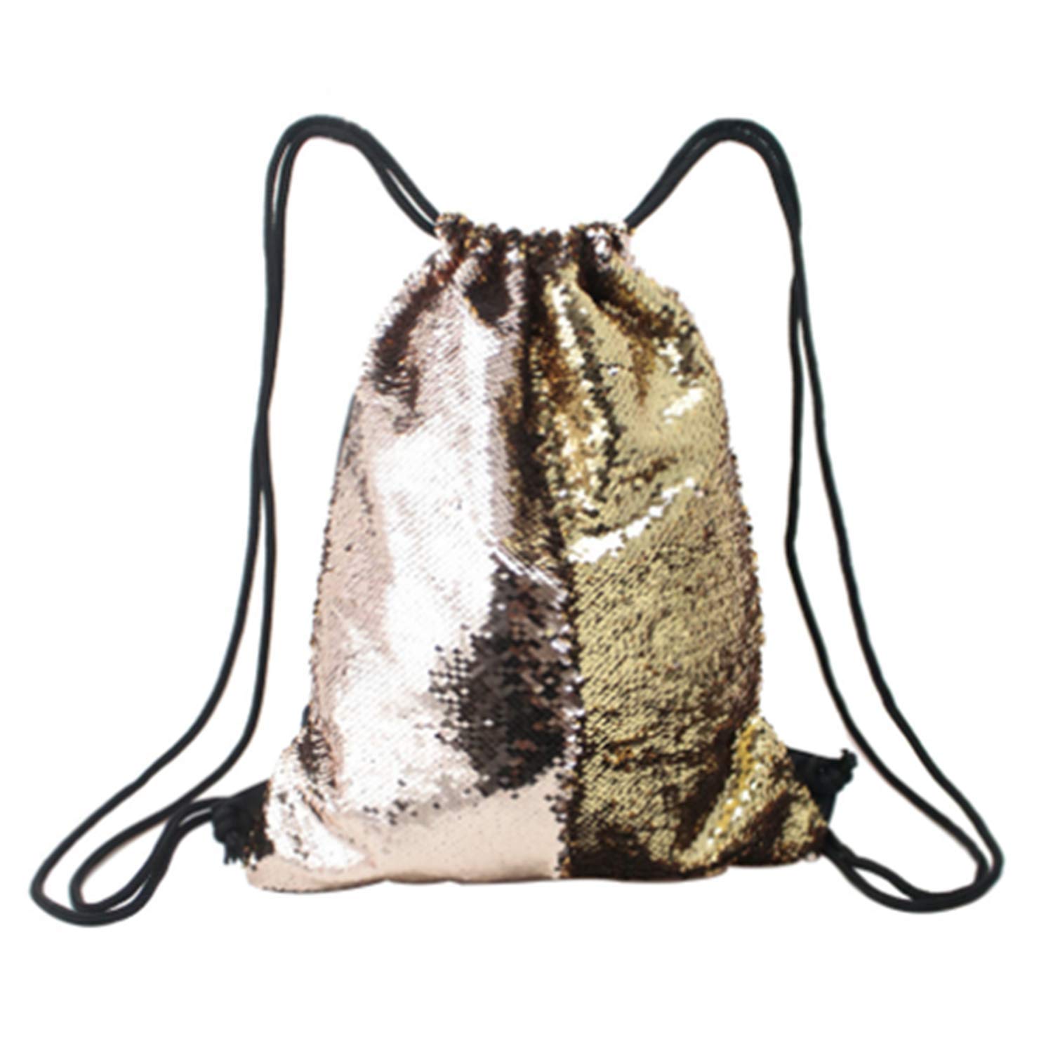 Tskybag Mermaid Sequin Bag Drawstring Sequins Backpack Glitter Mermaid Backpacks Magic Dance Bags for Women Girls Teens (Champagne/Gold)