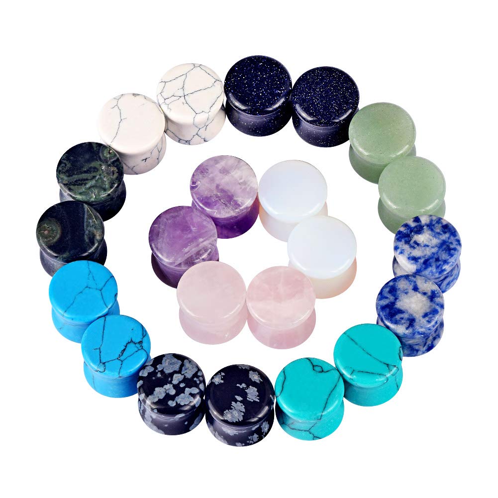 Longbeauty Set of 22 Natural Stone Flesh Tunnel Ear Plugs, 6 mm - 16 mm, Piercing Jewellery, Stone,