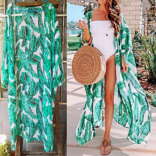 Cover-ups for Women Swimsuits Swimwear Women's Flowy Kimono Cardigan Open Front Maxi Dress Green - Thumbnail 5