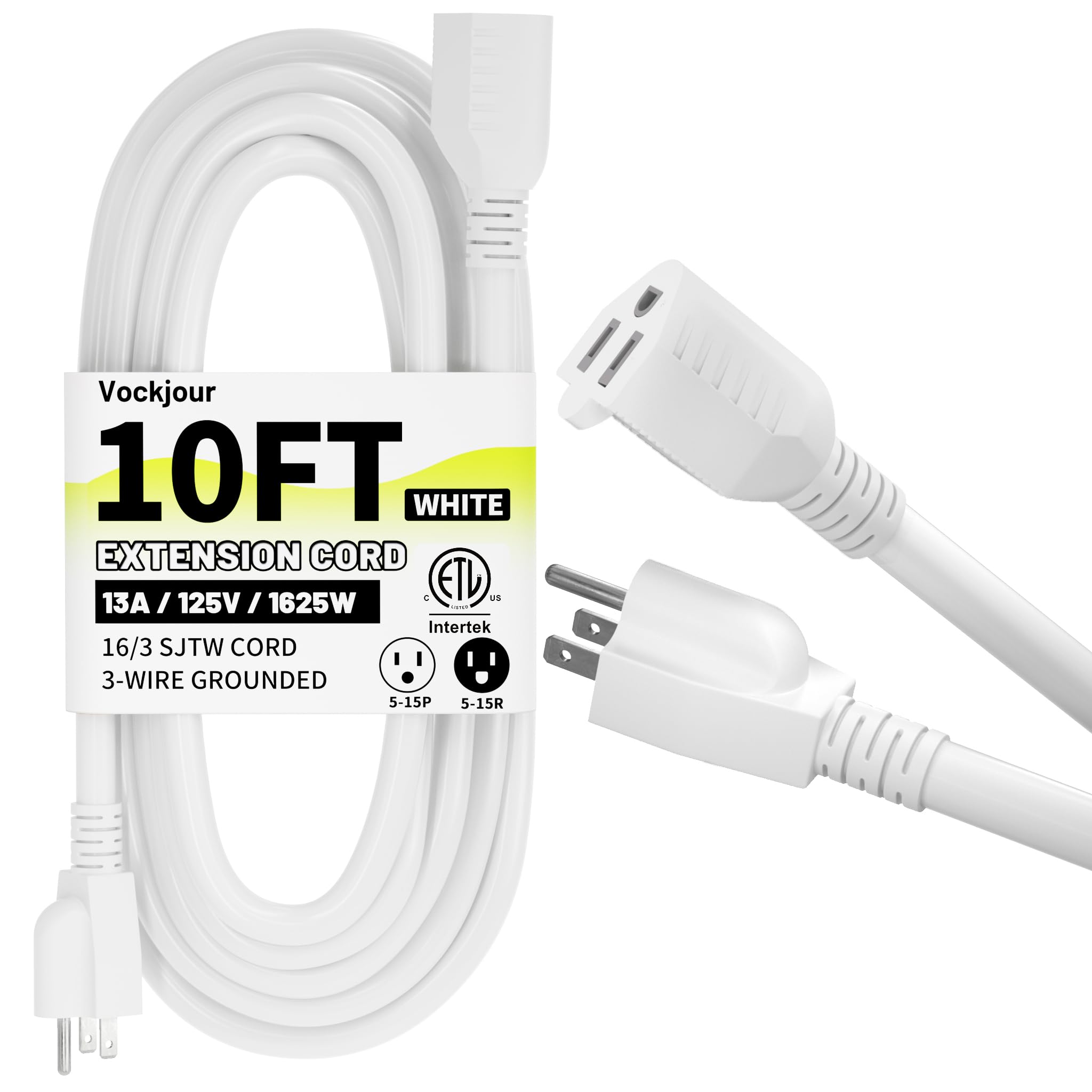 Vockjour 16/3 White Indoor Outdoor Extension Cord 10 Ft Waterproof