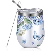Geiserailie Floral Insulated Wine Tumbler 12 oz Hydrangea Butterfly Stainless Steel Wine Glass with Lids and Straw Double Wall Travel Tumble for Women Coffee Cocktail Party Gift