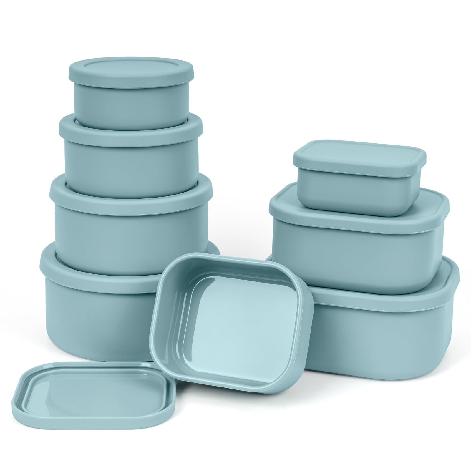 Photo 1 of 100% Silicone Food Storage Containers with Lids, 8 Pack, 10oz to 51oz, Reusable Leakproof Nesting & Stackable Silicone Bento Lunch Box, Microwave Freezer Dishwasher Oven Safe, BPA Free, Slate Green