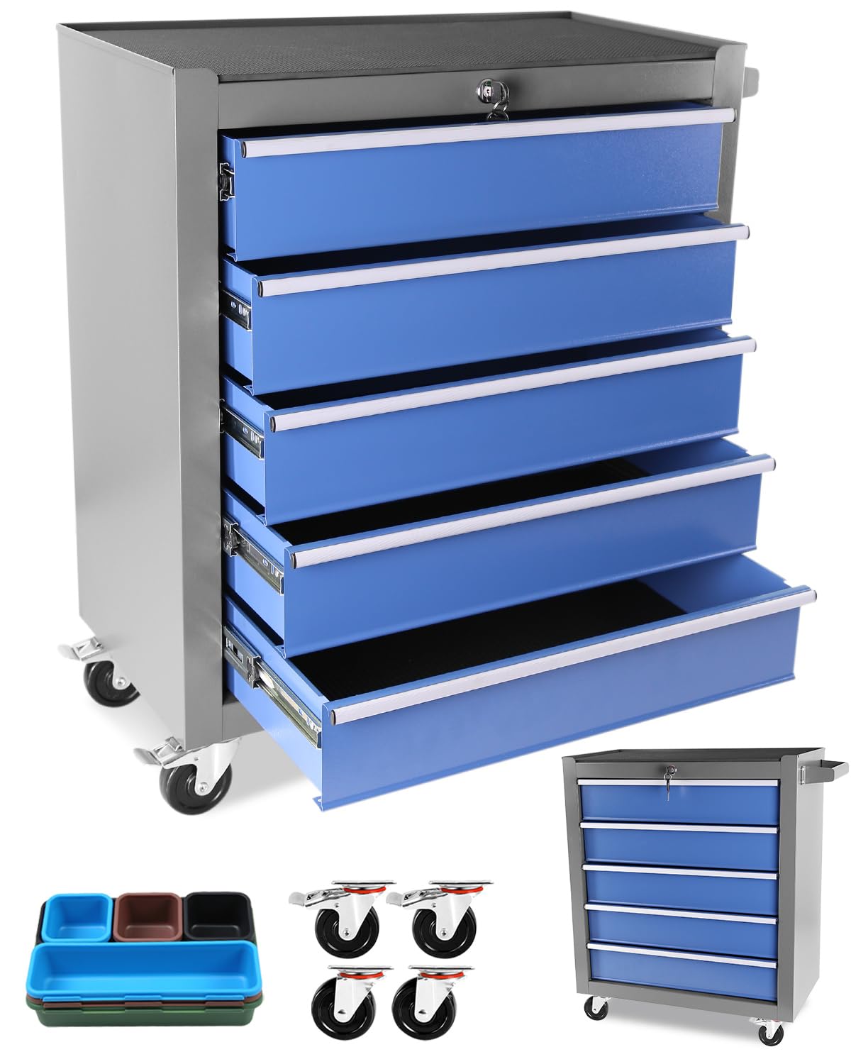 Photo 1 of *************SEE NOTES***********
Heavy-Duty 5-Drawer Rolling Tool Chest with Wheels, Steel Tool Storage Cabinet with Lock & Liner for Workshop for Workshop/Garage - Includes 5 Organizer Boxes, Blue-Grey