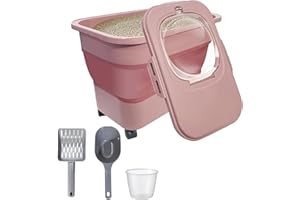 SECOAT Collapsible Cat Litter Storage Container with Rolling Casters,20 Lbs Cat Litter Storage with Wheels,Airtight Lids,Cat Litter Shovel,Portable Cat Litter Storage Bin Container,BPA Free (Pink)